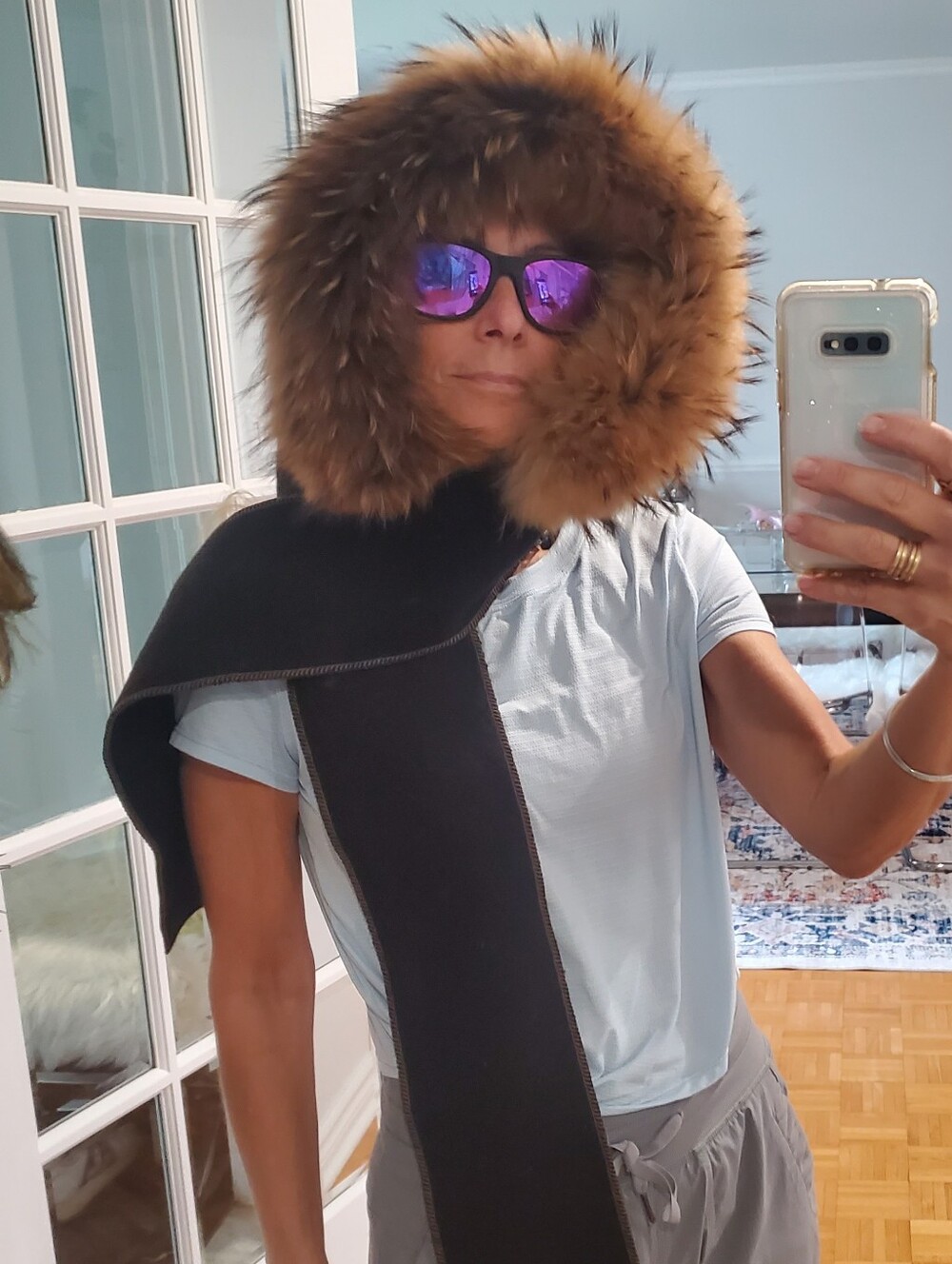 Coyote Fur Trimmed wool Black Hooded Hood Scarf